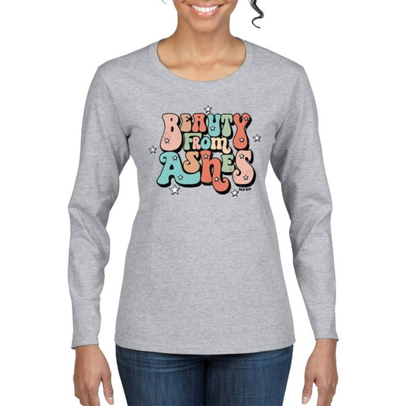 Wild Bobby Beauty From Ashes Groovy Font With Stars Vintage Women Graphic Long Sleeve Tee, Heather Grey, Small