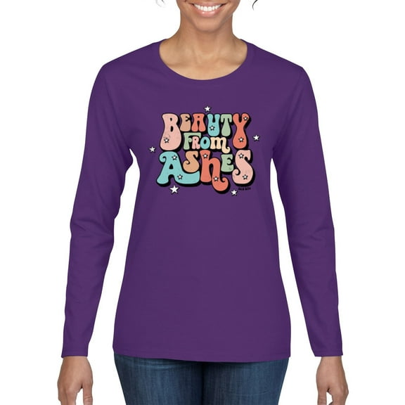 Wild Bobby Beauty From Ashes Groovy Font With Stars Vintage Women Graphic Long Sleeve Tee, Purple, Small