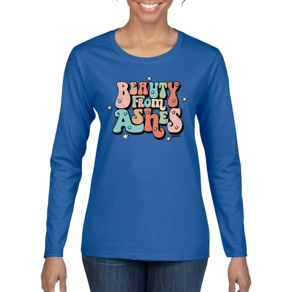 Wild Bobby Beauty From Ashes Groovy Font With Stars Vintage Women Graphic Long Sleeve Tee, Royal, XX-Large