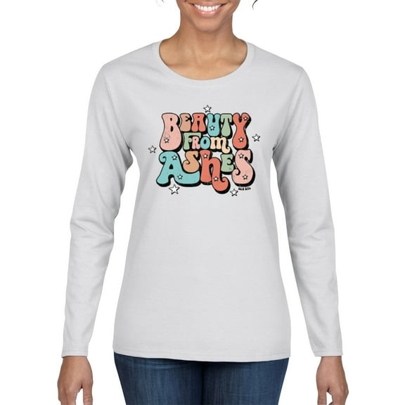 Wild Bobby Beauty From Ashes Groovy Font With Stars Vintage Women Graphic Long Sleeve Tee, White, Small