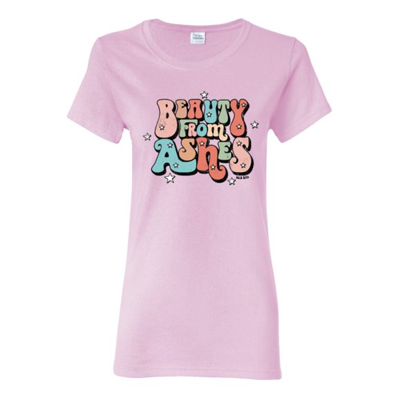 Wild Bobby Beauty From Ashes Groovy Font With Stars Vintage Women Graphic Tee, Light Pink, X-Large