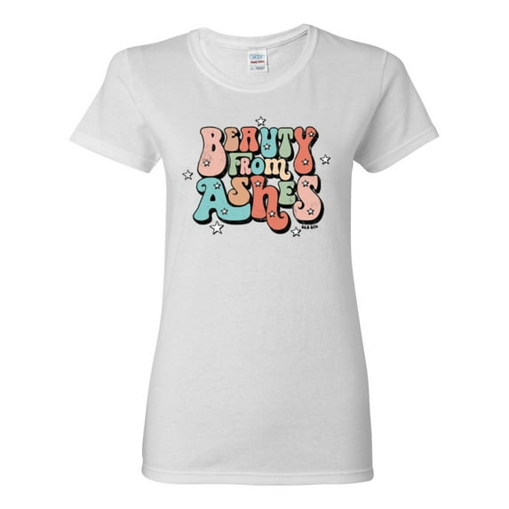 Wild Bobby Beauty From Ashes Groovy Font With Stars Vintage Women Graphic Tee, White, Large