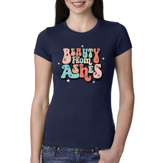 Wild Bobby Beauty From Ashes Groovy Font With Stars Vintage Women Slim Fit Junior Tee, Navy, Small