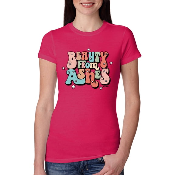 Wild Bobby Beauty From Ashes Groovy Font With Stars Vintage Women Slim Fit Junior Tee, Raspberry, Medium
