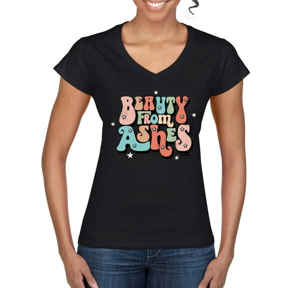 Wild Bobby Beauty From Ashes Groovy Font With Stars Vintage Women Standard V-Neck Tee, Black, Small