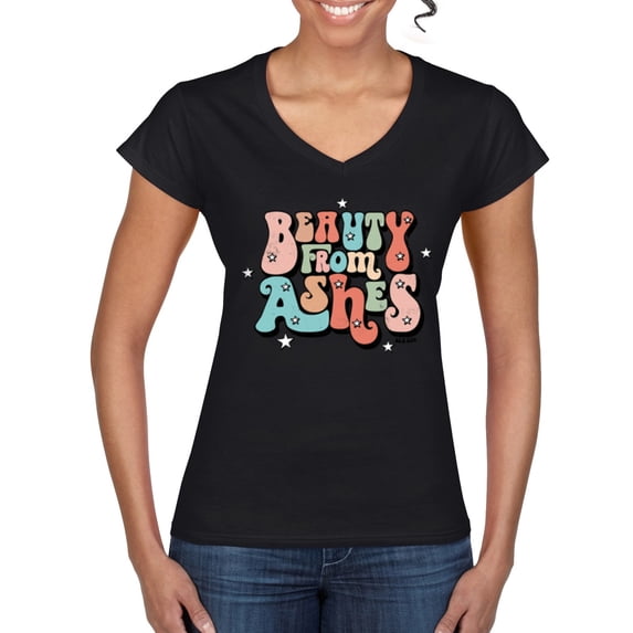 Wild Bobby Beauty From Ashes Groovy Font With Stars Vintage Women Standard V-Neck Tee, Black, Small