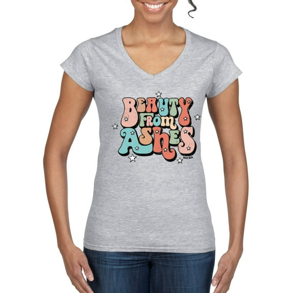 Wild Bobby Beauty From Ashes Groovy Font With Stars Vintage Women Standard V-Neck Tee, Heather Grey, Medium