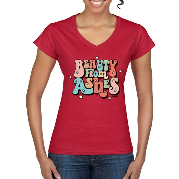 Wild Bobby Beauty From Ashes Groovy Font With Stars Vintage Women Standard V-Neck Tee, Red, Large
