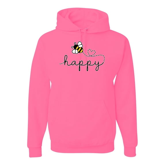 Wild Bobby, Bee Happy Motivational Inspirational Teachers, Pop Culture, Unisex Graphic Hoodie Sweatshirt, Neon Pink, Medium