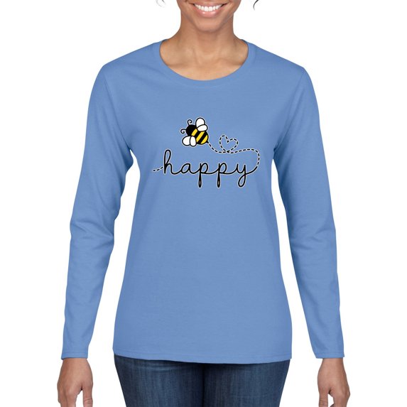 Wild Bobby, Bee Happy Motivational Inspirational Teachers, Pop Culture, Women Graphic Long Sleeve Tee, Light Blue, Large