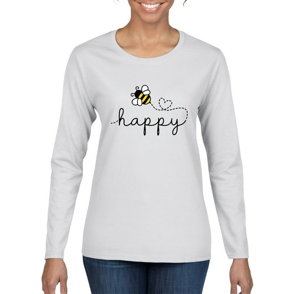Wild Bobby, Bee Happy Motivational Inspirational Teachers, Pop Culture, Women Graphic Long Sleeve Tee, White, Medium
