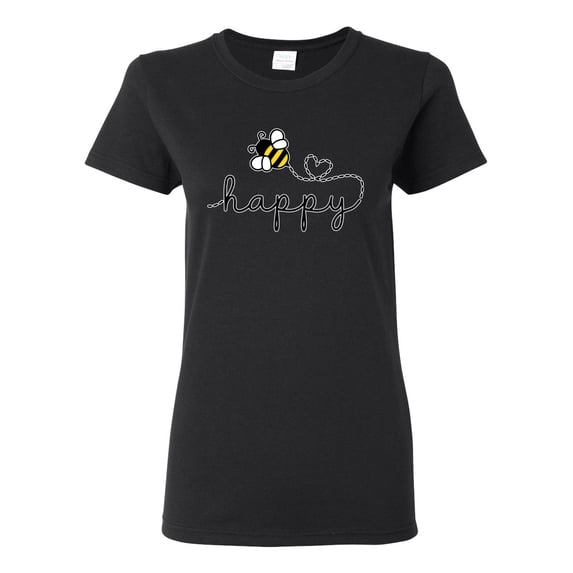 Wild Bobby, Bee Happy Motivational Inspirational Teachers, Pop Culture, Women Graphic Tee, Black, Small