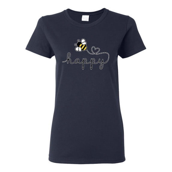 Wild Bobby, Bee Happy Motivational Inspirational Teachers, Pop Culture, Women Graphic Tee, Navy, XX-Large