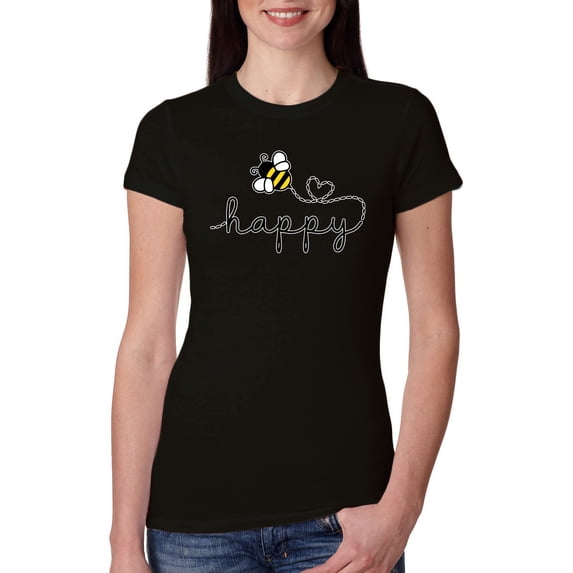 Wild Bobby, Bee Happy Motivational Inspirational Teachers, Pop Culture, Women Slim Fit Junior Tee, Black, Small