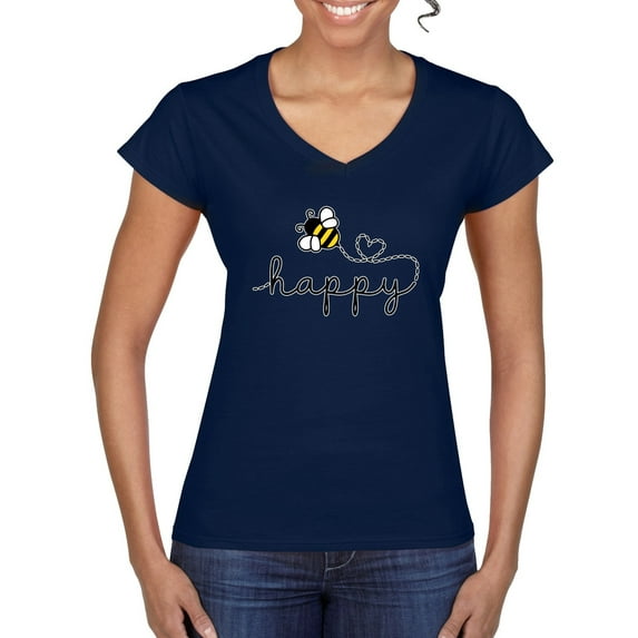 Wild Bobby, Bee Happy Motivational Inspirational Teachers, Pop Culture, Women Standard V-Neck Tee, Navy, Large