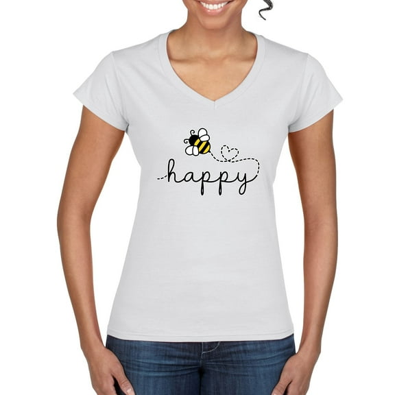 Wild Bobby, Bee Happy Motivational Inspirational Teachers, Pop Culture, Women Standard V-Neck Tee, White, X-Large
