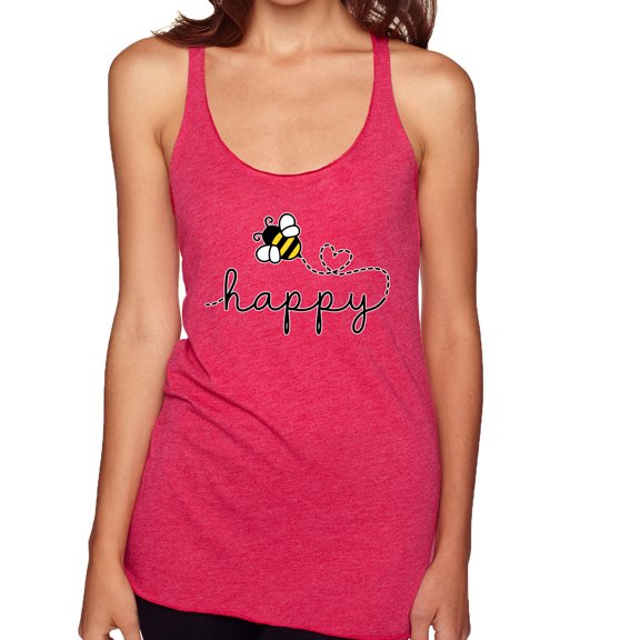 Wild Bobby, Bee Happy Motivational Inspirational Teachers, Pop Culture, Women Tri-Blend Racerback Tank Top, Shocking Pink, Large