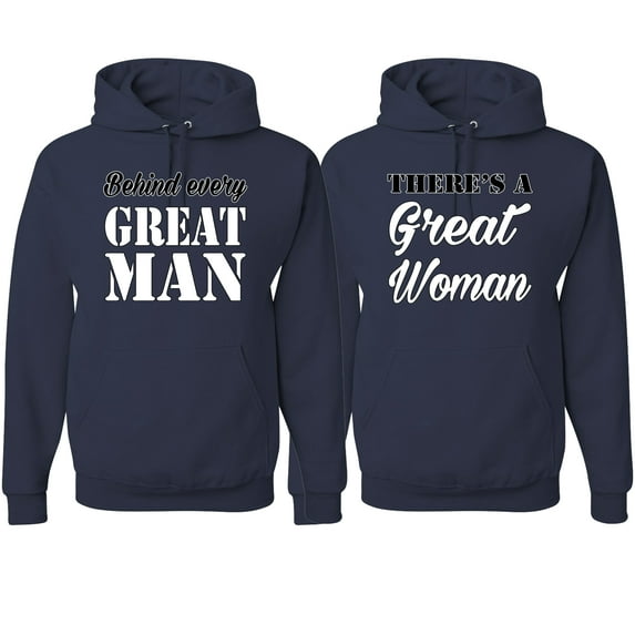 Wild Bobby, Behind Every Great Man There's A Great Woman His and Hers Matching Couples Hoodies, Navy, Mens M-Womens XL
