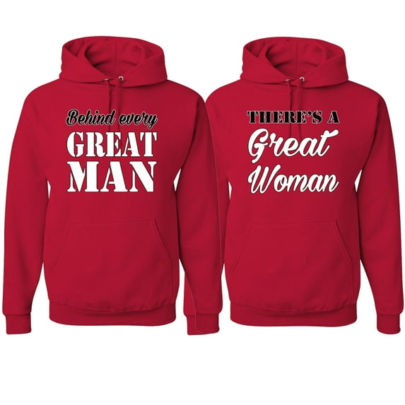 Wild Bobby, Behind Every Great Man There's A Great Woman His and Hers Matching Couples Hoodies, Red, Mens 3XL-Womens 3XL