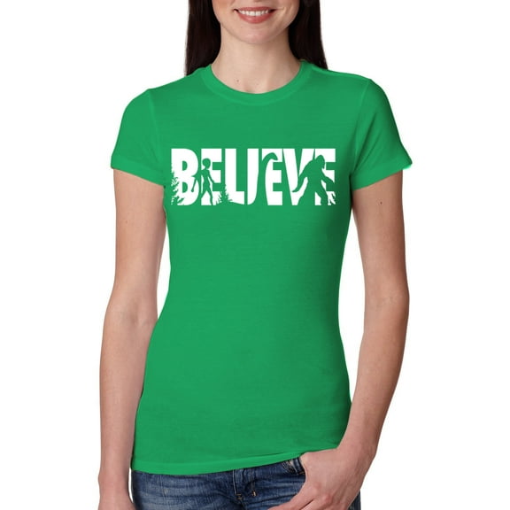 Wild Bobby Believe Bigfoot Aliens Women Slim Fit Junior Tee