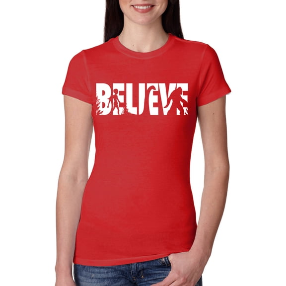Wild Bobby Believe Bigfoot Aliens Women Slim Fit Junior Tee