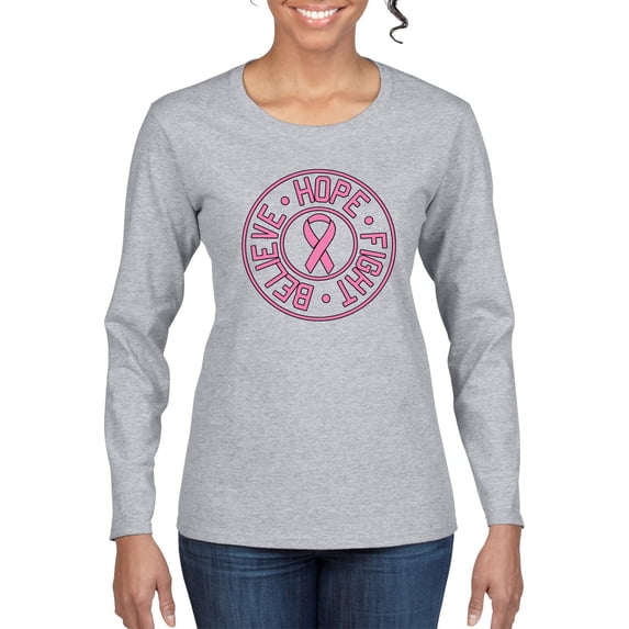 Wild Bobby Believe Hope Awareness Breast Cancer Awareness Women Graphic Long Sleeve T-Shirt, Heather Grey, X-Large