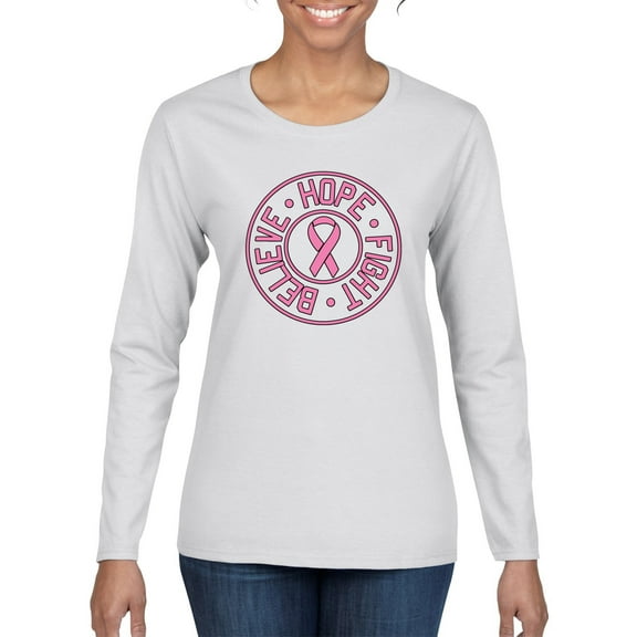 Wild Bobby Believe Hope Awareness Breast Cancer Awareness Women Graphic Long Sleeve T-Shirt, White, Large