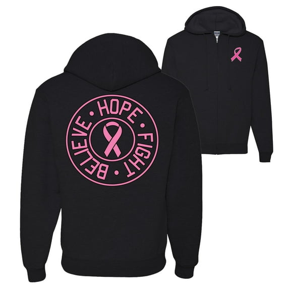 Wild Bobby, Believe Hope Fight, Breast Cancer Awareness, Front and Back Graphic Zip Up Hoodie Sweatshirt, Black, Small