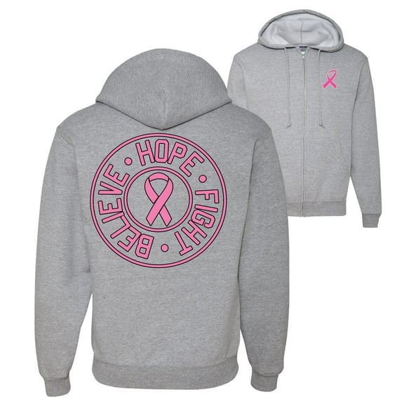 Wild Bobby, Believe Hope Fight, Breast Cancer Awareness, Front and Back Graphic Zip Up Hoodie Sweatshirt, Heather Grey, Medium