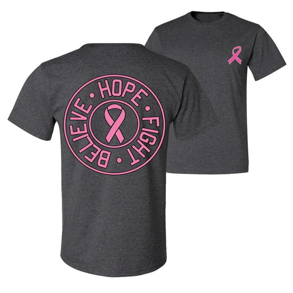 Wild Bobby, Believe Hope Fight, Breast Cancer Awareness, Front and Back Men Graphic Tee, Heather Black, XX-Large