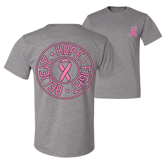 Wild Bobby, Believe Hope Fight, Breast Cancer Awareness, Front and Back Men Graphic Tee, Heather Grey, 5X-Large
