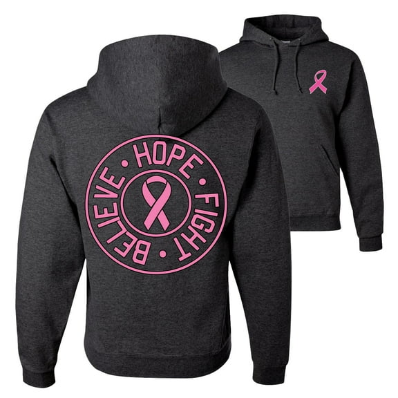 Wild Bobby, Believe Hope Fight, Breast Cancer Awareness, Front and Back Unisex Graphic Hoodie Sweatshirt, Heather Black, 3X-Large