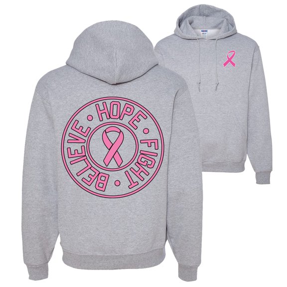 Wild Bobby, Believe Hope Fight, Breast Cancer Awareness, Front and Back Unisex Graphic Hoodie Sweatshirt, Heather Grey, Large