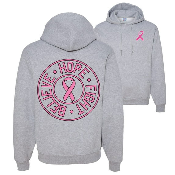 Wild Bobby, Believe Hope Fight, Breast Cancer Awareness, Front and Back Unisex Graphic Hoodie Sweatshirt, Heather Grey, Medium