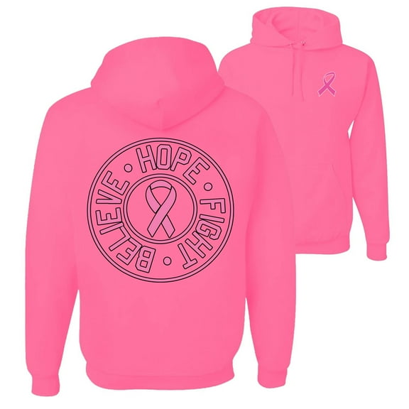 Wild Bobby, Believe Hope Fight, Breast Cancer Awareness, Front and Back Unisex Graphic Hoodie Sweatshirt, Neon Pink, Medium