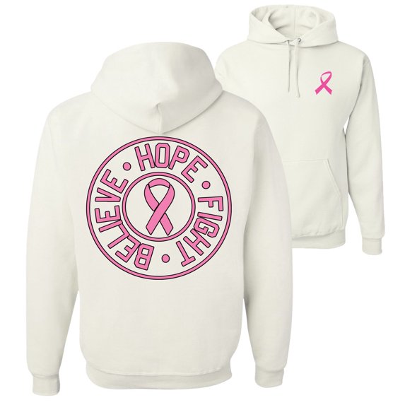 Wild Bobby, Believe Hope Fight, Breast Cancer Awareness, Front and Back Unisex Graphic Hoodie Sweatshirt, White, Small