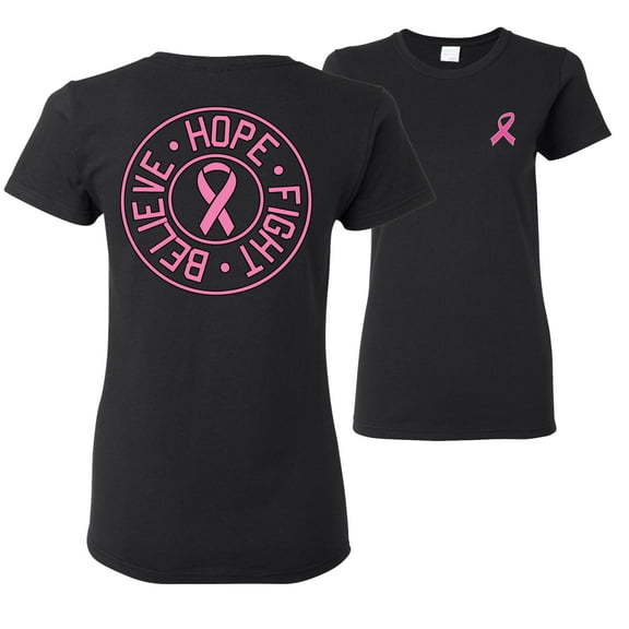 Wild Bobby Breast Cancer Awareness Believe Hope Fight Front and Back Women Tee, Black, Small