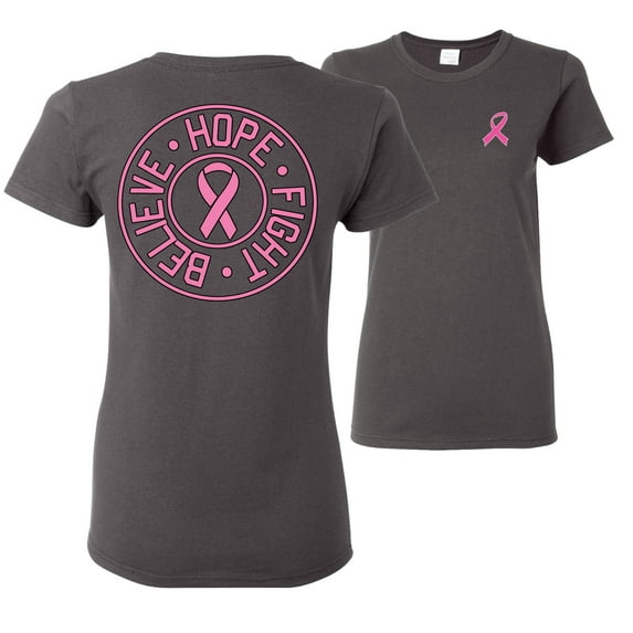 Wild Bobby, Believe Hope Fight, Breast Cancer Awareness, Front and Back Women Graphic Tee, Charcoal, XX-Large