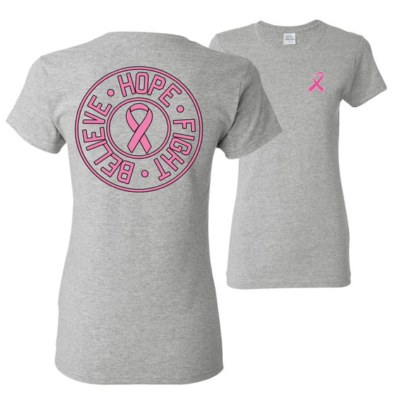 Wild Bobby, Believe Hope Fight, Breast Cancer Awareness, Front and Back Women Graphic Tee, Heather Grey, 3X-Large