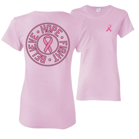 Wild Bobby, Believe Hope Fight, Breast Cancer Awareness, Front and Back Women Graphic Tee, Light Pink, Medium