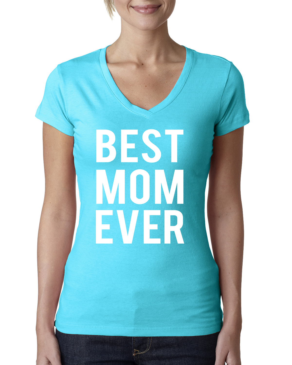 Wild Bobby, Best Mom Ever Mothers Day Gift, Mother's Day, Women Junior Fit V-Neck Tee, Tahiti Blue, X-Large - image 1 of 3