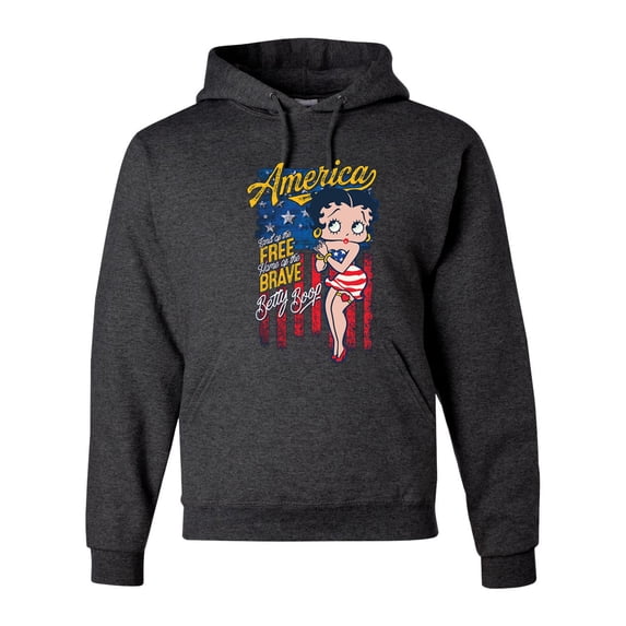 Wild Bobby, Betty Boop America Land of the Free Home of the Brave Betty Boop Unisex Hoodie Sweatshirt, Heather Black, X-Large