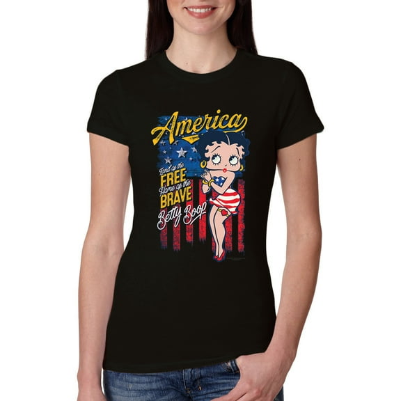 Wild Bobby, Betty Boop America Land of the Free Home of the Brave Betty Boop Womens Slim Fit Junior Tee, Black, Small