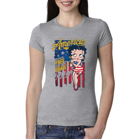 Wild Bobby, Betty Boop America Land of the Free Home of the Brave Betty Boop Womens Slim Fit Junior Tee, Heather Grey, Small