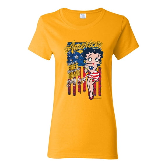 Wild Bobby Betty Boop America Land of the Free Home of the Brave Betty Boop Womens T-Shirt, Gold, XX-Large