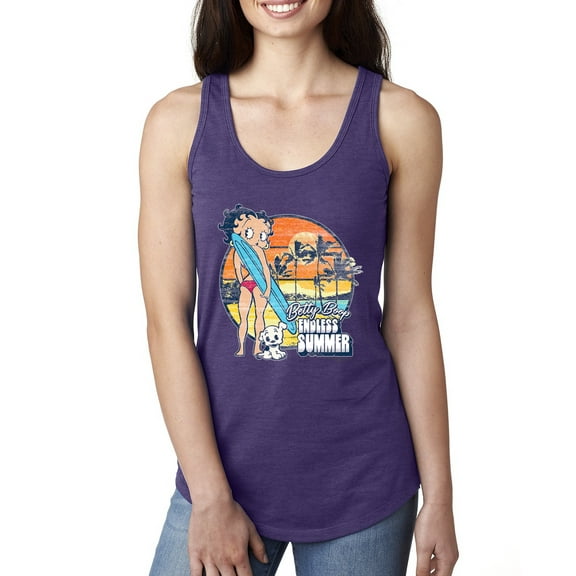 Wild Bobby, Betty Boop Endless Summer Beach the Dog Betty Boop Ladies Racerback Tank Top, Purple Rush, Medium