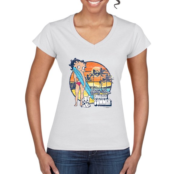 Wild Bobby Betty Boop Endless Summer Beach the Dog Betty Boop Women’s Standard V-Neck Tee, White, Small