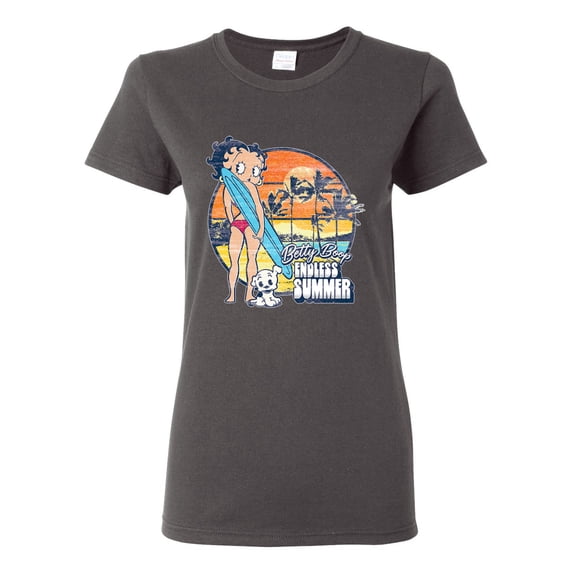 Wild Bobby Betty Boop Endless Summer Beach the Dog Betty Boop Womens T-Shirt, Charcoal, Medium