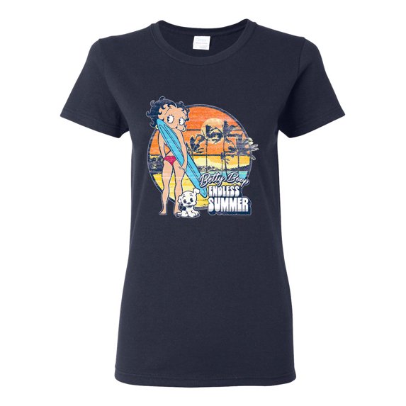 Wild Bobby Betty Boop Endless Summer Beach the Dog Betty Boop Womens T-Shirt, Navy, X-Large