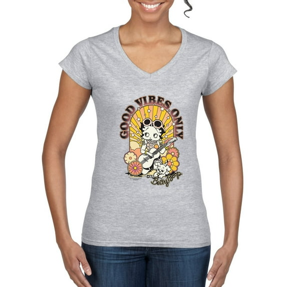 Wild Bobby Betty Boop Good Vibes Only Betty Boop Women’s Standard V-Neck Tee, Heather Grey, Small